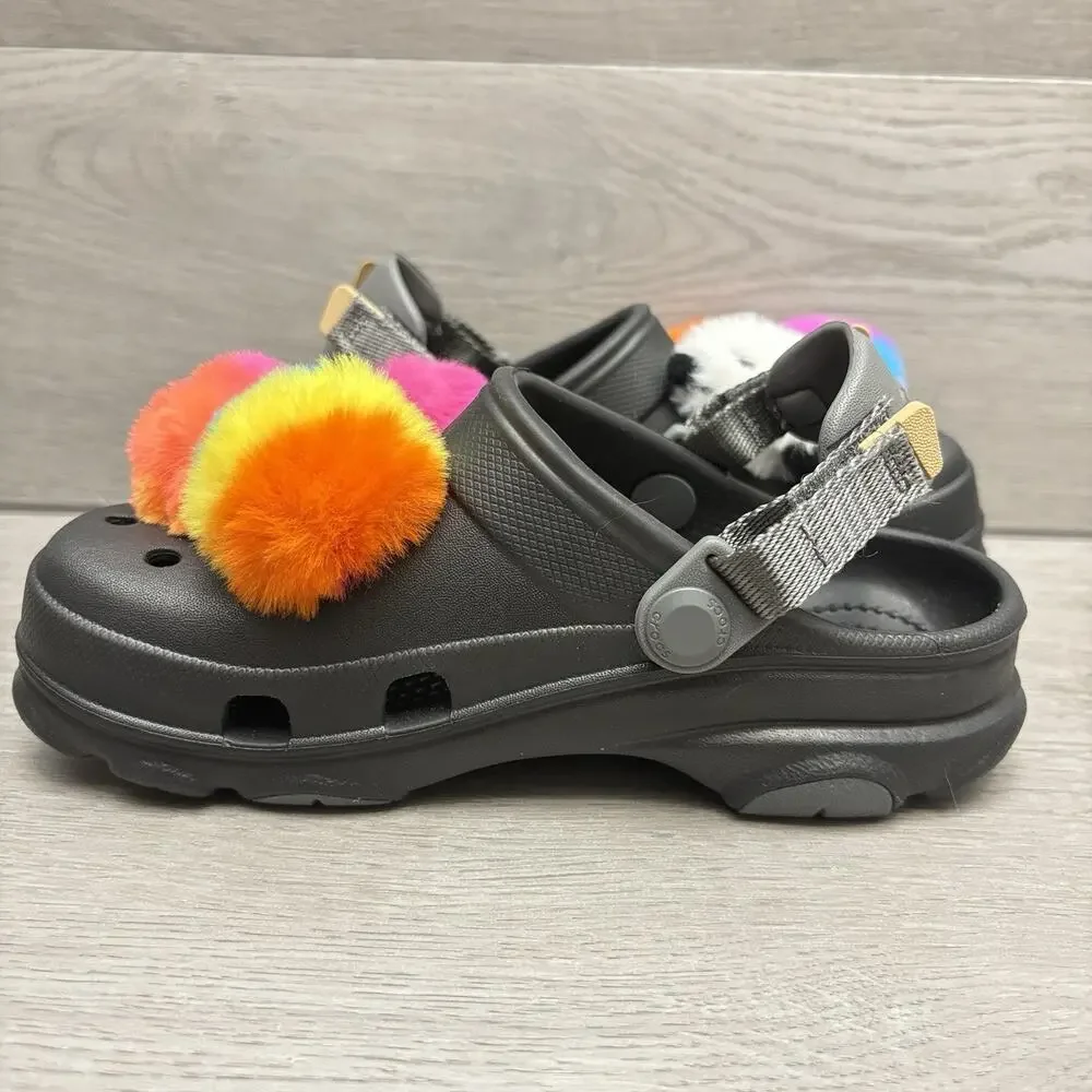 CROCS Charms Clog Sandal Fuzzy Puff Character Jibbitz Black Crocs Youth Size 13C